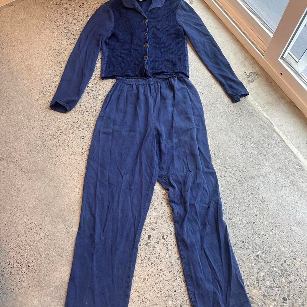 FROX Women’s petite Two Piece Set Blue Textured Button Front Jacket & Pants